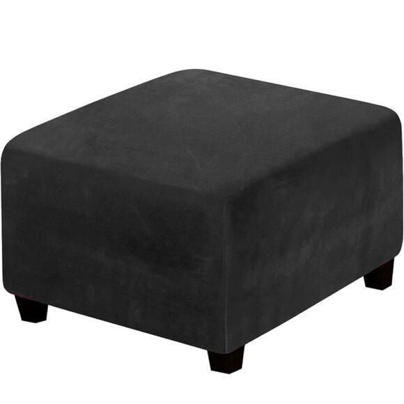 Black Velvet Plush Square Ottoman Slipcover Footrest Cover Stretch Size Standard - Picture 1 of 3